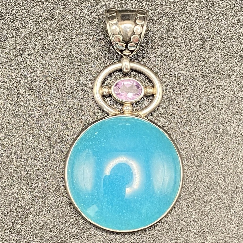 Initials RF 925 Sterling Silver Pendant Estate Blue Chalcedony Amethyst